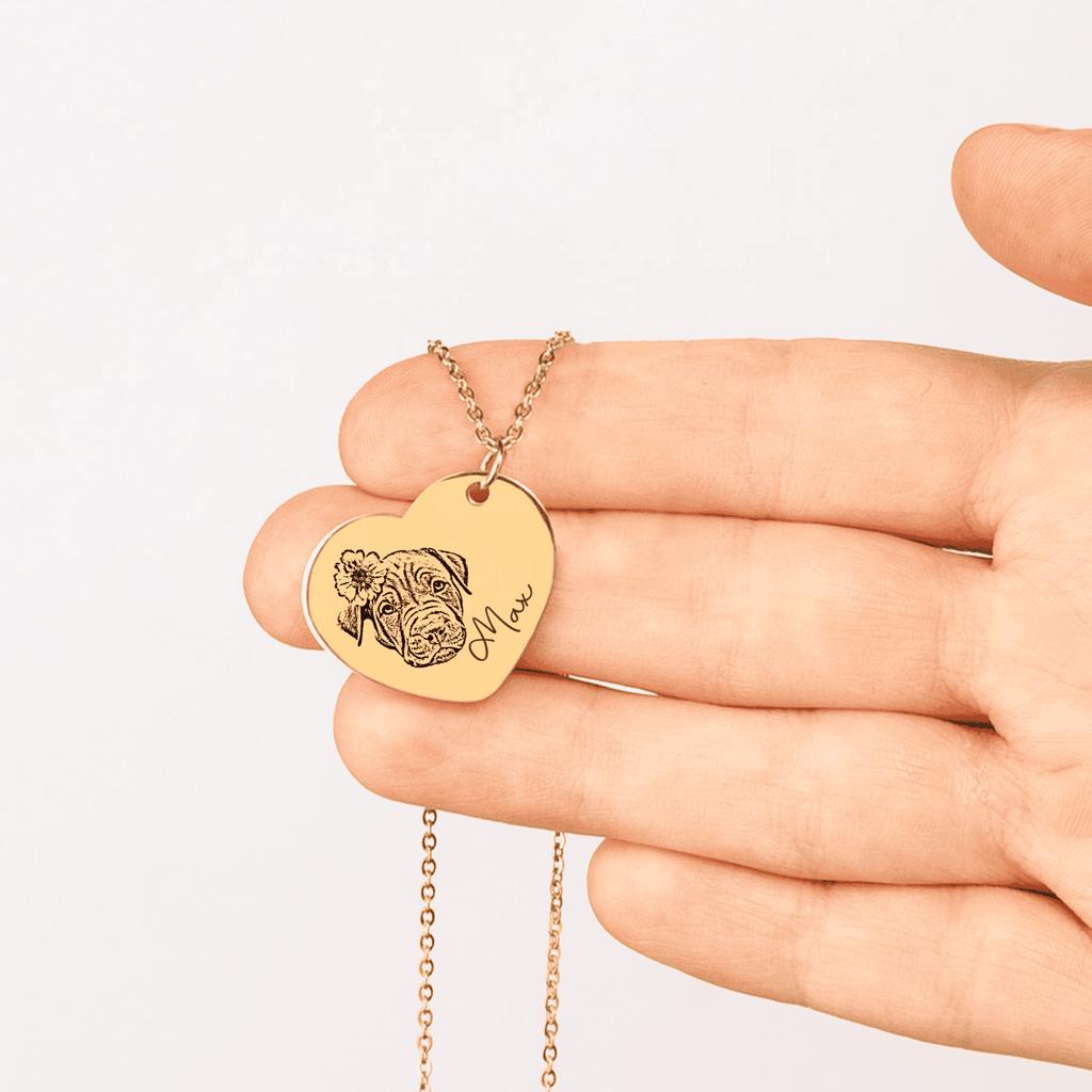 Personalized Engraved Pet Portrait Heart-Shaped Pendant Necklace--Unique Heartfelt Gift for Animal Lovers