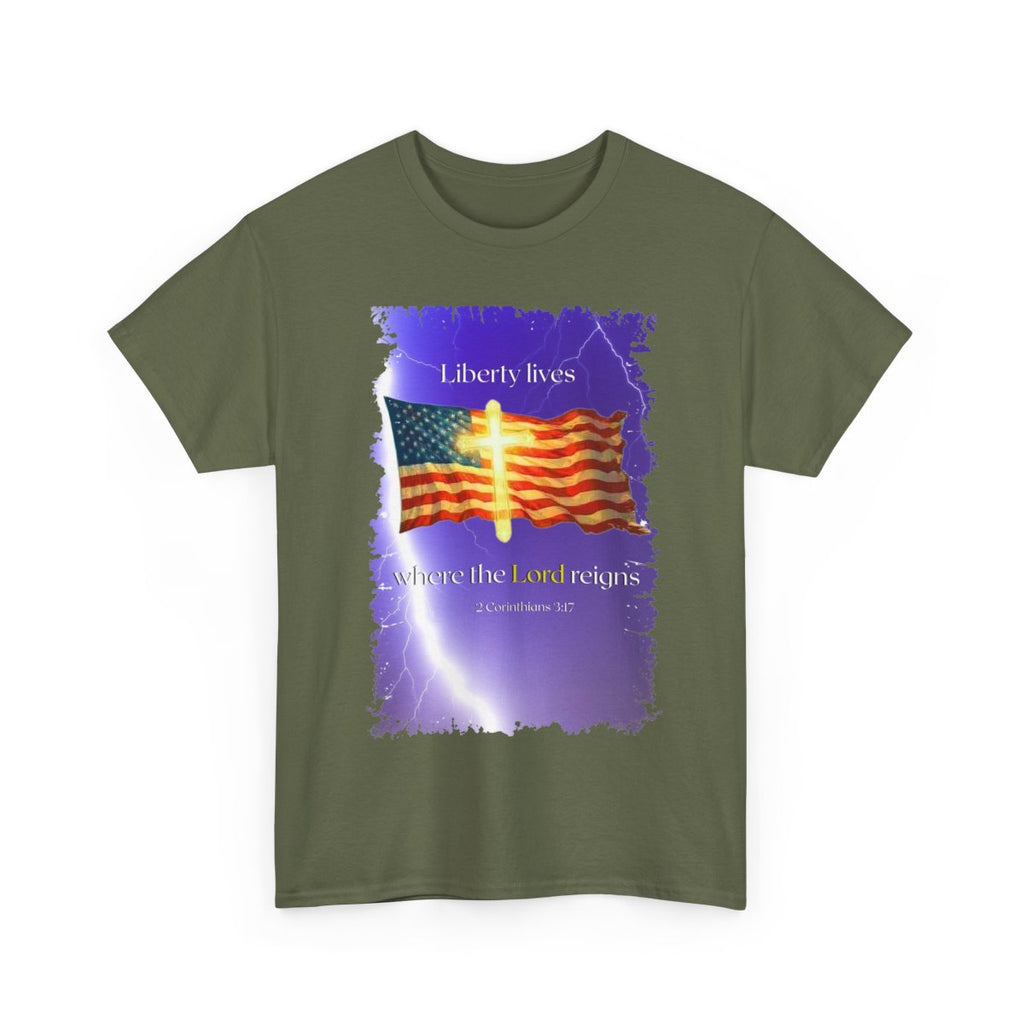 Christian Design "Liberty lives where the Lord reigns" Heavy Cotton Tee, Personalized Apparel, Durable Fashion, Soft Crew Neck T-Shirt, Religious Unisex Tee